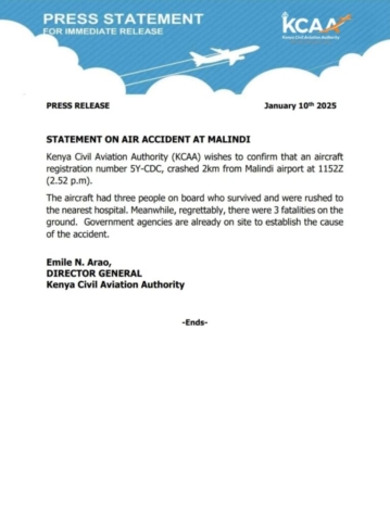 Fatal Accident (3 on ground) - Cessna 172N, 5Y-CDC, Kwachocha Village area in Malindi, Kilifi County, Kenya, January 10, 2025