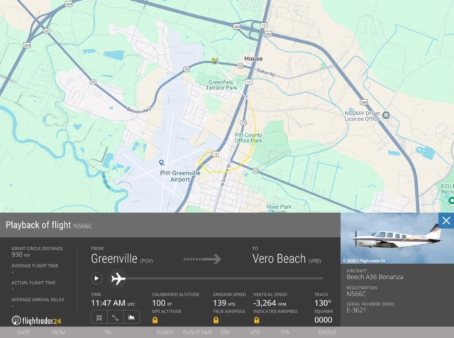 Fatal Accident (2) - Beechcraft A36 Bonanza, N566C, Greenville-Pitt-Greenville Airport, NC (PGV/KPGV), March 14, 2025 - flightradar24 track