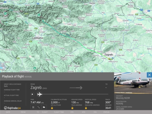 Fatal Accident (1) - Mooney M20R Ovation 2 GX, N595RJ, Velika Planina, Slovenia, March 10, 2025 - flightradar track