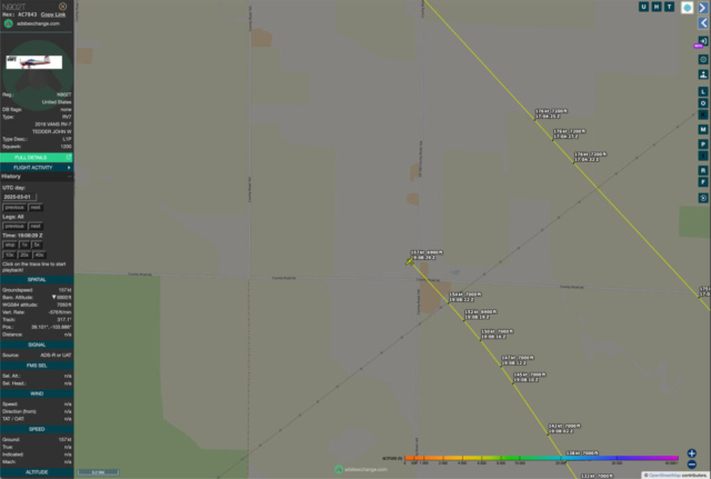 Fatal Accident (1) - Van's RV-7, N902T, near Matheson, CO, March 1, 2025 - ADS-B Flight Track