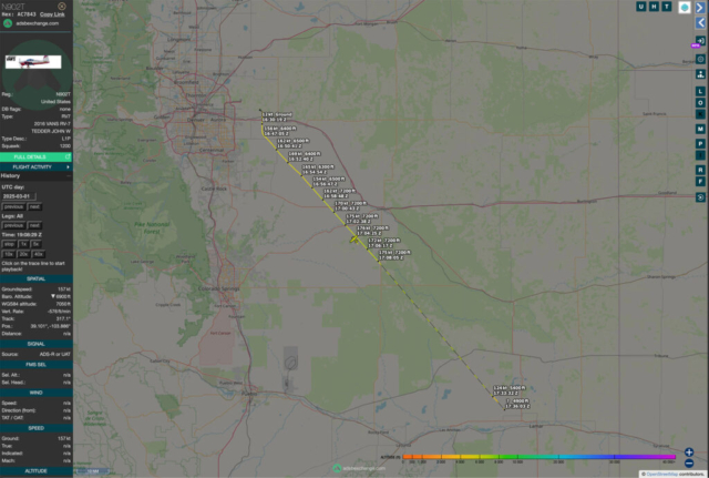 Fatal Accident (1) - Van's RV-7, N902T, near Matheson, CO, March 1, 2025 - ADS-B Flight Track